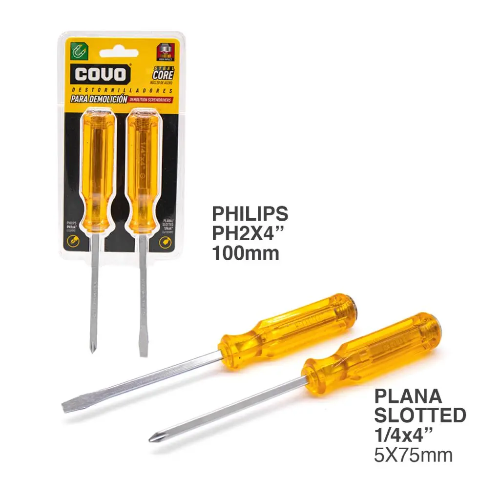 [(CV-SH-302)] JUEGO X2 DESTORNILLADORES 4" DEMOLICIÓN MANGO ACETATO BLÍSTER