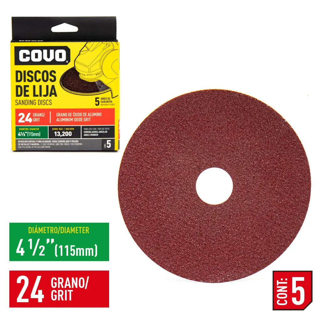 [(CV-SD-1524)] DISCOS DE LIJA 4.1/2 GRANO 24 x 5 Unds.